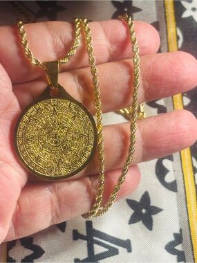 22” Gold-Tone Aztec Calendar Pendant Necklace